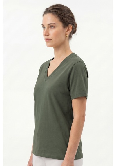 Goffra Kadın Vision V Yaka Premium Kalite Yoğun Dokulu Pamuklu T-shirt Haki W102-r0220-06