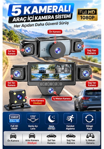 Seyu N89 5 Kameralı Wifi Full Hd 1080p Araç İçi Kamera Geniş Açı G-sensörlü 2 İnç