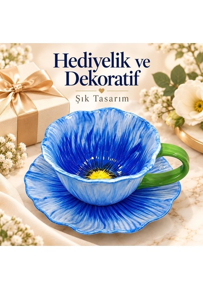 Tr Gelincik Serisi Çiçek Tasarımlı Fincan Ve Tabak Seti 350 Ml Dekoratif Kahve Çay Fincanı Mavi Diğer