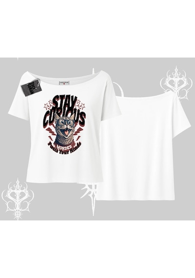 Startmore Startmore Stay Curious Kedi Baskılı Kayık Yaka Tshirt Beyaz