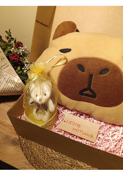 Kutulu Hediye Seti / Capybara Yastık 30cm, Ayıcık Anahtarlık Ve Kalp Şeklinde Tüllü Kutu