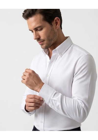 Özeniş Erkek Cepsiz Pamuklu Uzun Kollu Oxford Slim Fit Gömlek Beyaz