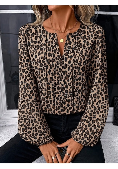 Veraura Lifestyle Kadın Uzun Kollu Yuvarlak V Yakalı Leopar Desenli Süprem Bluz