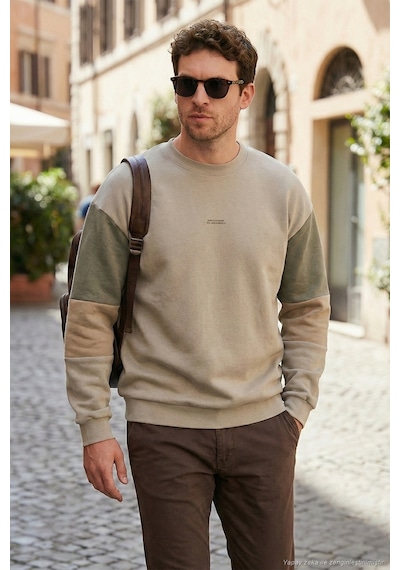 Buratti Pamuklu Relaxed Fit Bisiklet Yaka Şardonlu Renk Bloklu Erkek Sweat 5905298T Taş