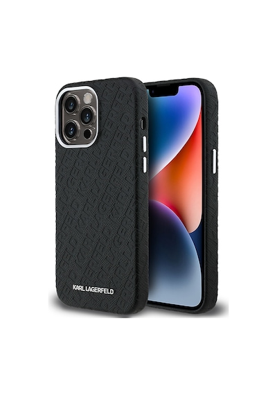 Apple iPhone 14 Pro Max Uyumlu Kılıf Karl Lagerfeld Lisanslı Pu Deri Damgalı Metal Yazı Logolu Kapak Siyah