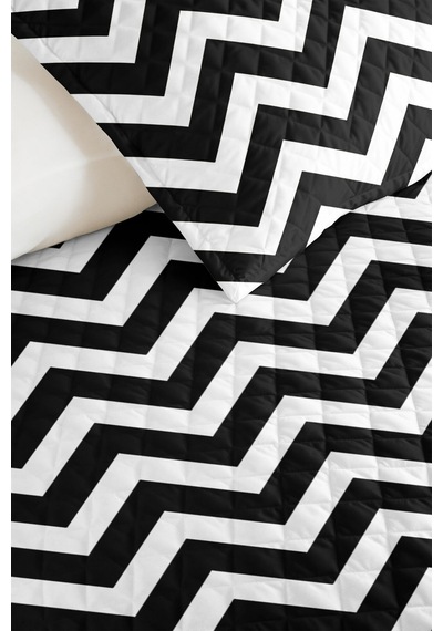 Siyah Zigzag Geometrik Genç Odası Tek Kişilik Pike Takımı - Modern 160x220 Cm Kapitone Yatak Örtüsü Ayazlı Anı Aralığı