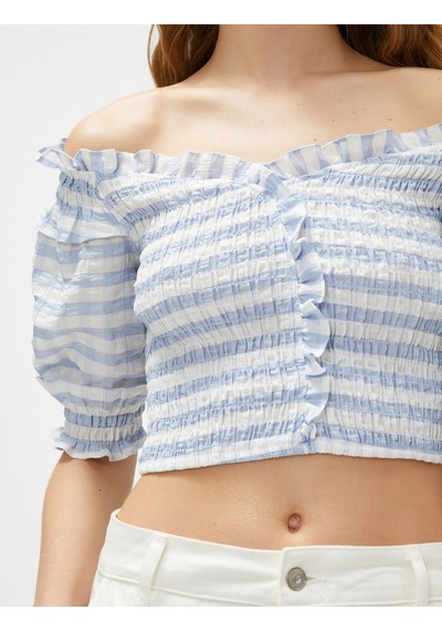 Koton Crop Bluz Omzu Açık Fırfırlı Balon Kollu Gipeli Mavi Ekose 3sal60156ıw Mavi Ekoseli Mavi