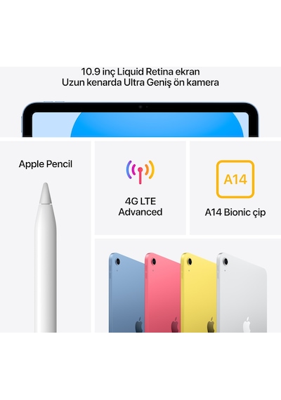 Apple iPad 10. Nesil Wi-Fi + Cellular MQ6T3TU/A 256 GB 10.9" Tablet Gümüş