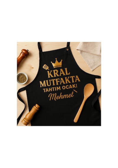 Kral Mutfakta Tahtım Ocak İsme Özel Siyah Mutfak Önlüğü Siyah