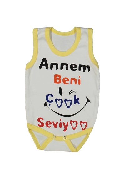Bebegen Unısex Beyaz Sarı Biyeli Annem Beni Seviyor Yazılı Askılı Zıbın