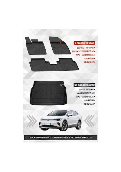 Sahler Volkswagen Id.4 2020+ Uyumlu 4.5d Premium Havuzlu Oto Paspas Ve Liner Marka 3d Alt Bagaj Havuzu