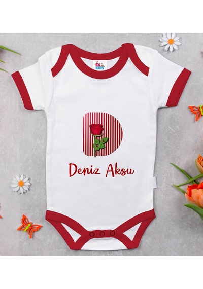 Bk Gift Bk Kids Kişiye Özel Harfli Kırmızı Bebek Body Zıbın-8 Çok Renkli
