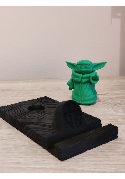 Star Wars Baby Yoda Grogu Figürlü Telefon Standı - Mandalorian Temalı Masaüstü Telefon Tutucu 13x7cm Siyah & Yeşil