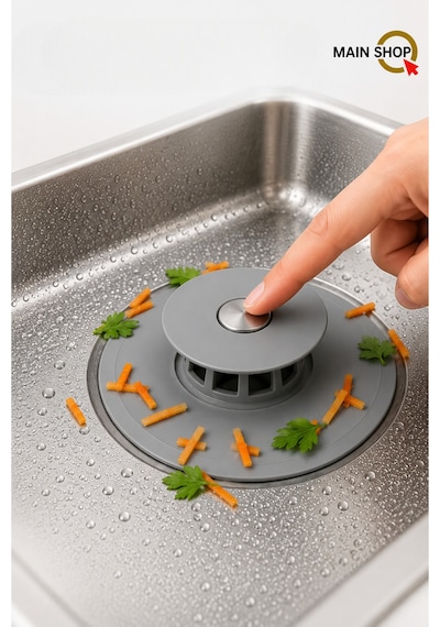 Mainshop Dokunmatik Lavabo Tıkacı Gri - Silikon Lavabo Gider Tipası - Kademeli Süzgeç Mutfak Ve Banyo M-1490