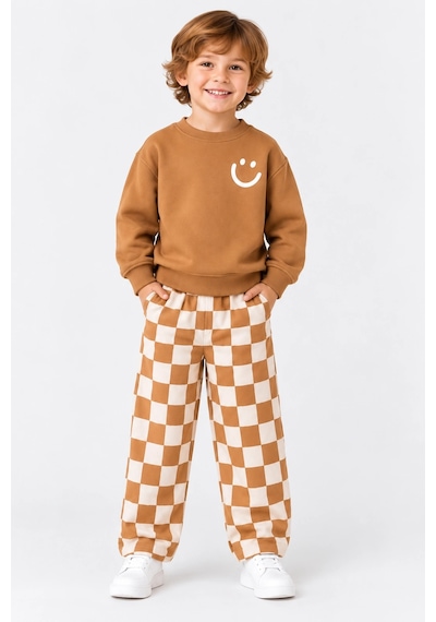 Rony Pony Kids Erkek Çocuk 3 İplik Gülen Yüz Baskılı Sweatshirt Ve Dama Desenli Bol Paça Eşofman Takımı Kahverengi Krem Rony Pony Kids Erkek Çocuk 3 İplik Gülen Yüz Baskılı Sweatshirt Ve Dama Desenli Bol Paça Eşofman Takımı Kahverengi Krem