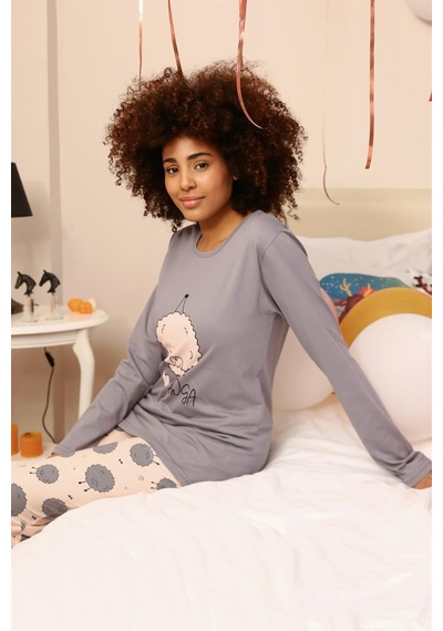 Akbeniz Kadın Penye Uzun Kol Pijama Takım 4186 Gri
