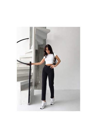 Kene Jeans Siyah Bacak Taşlı Mom Jeans Siyah