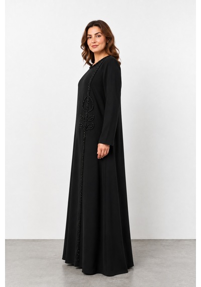 Bihan Store Kadın Tam Boy Önü Boncuk İşlemeli Uzun Kol Abiye Elbise Y26-8829 - Siyah