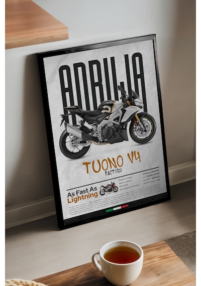 Aprilia Tuono V4 Factory Siyah Ahşap Çerçeveli Poster, Dekoratif Motosiklet Duvar Tablosu Çok Renkli