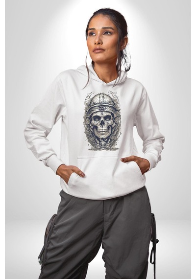 Kask Miğfer İskelet Asker Kadın Erkek Beyaz Kapüşonlu Sweatshirt Hoodie Beyaz