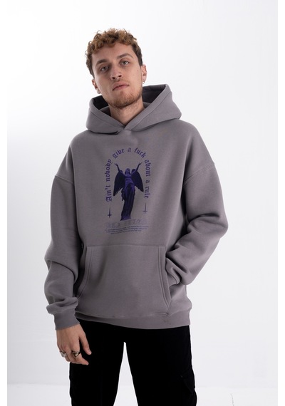 Unisex Mor Melek Baskı Kapşonlu Sweatshirt Gri