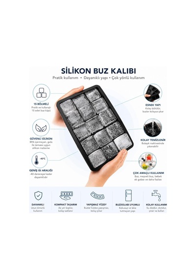 3 Adet 6 Lı 15 Li Ve 160 Lı Kare Silikon Buz Kalıbı Mıt1344 Gri - Siyah