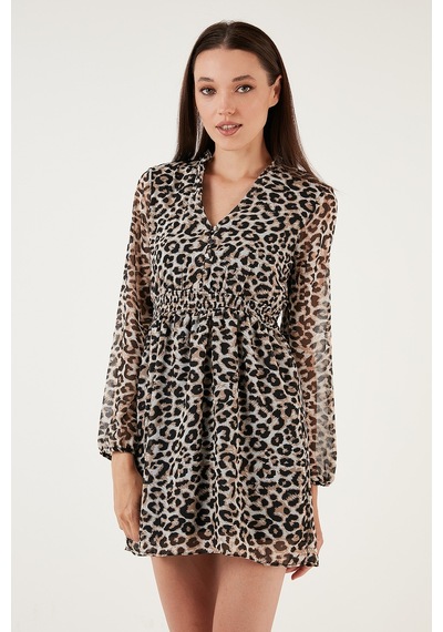 Lela V Yaka Regular Fit Gipeli Düğme Detaylı Şifon Mini Bayan Elbise 611El01433 Leopar