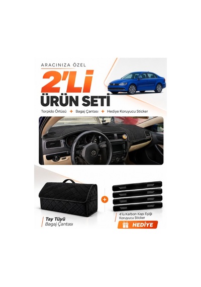 E-biz Volkswagen Jetta 2010-2018 Uyumlu Torpido Örtüsü + Tay Tüyü Bagaj Çantası - Siyah - Vw013