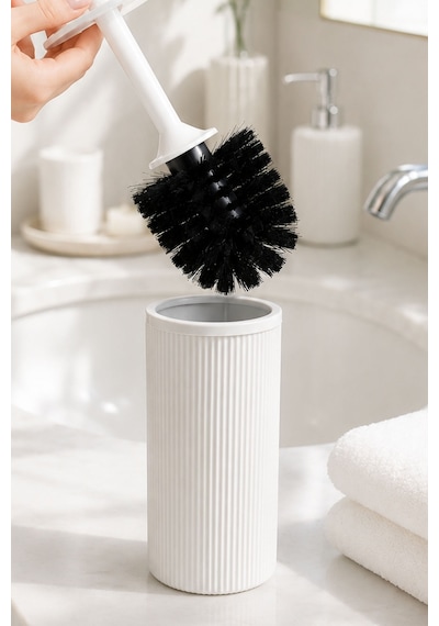 Modern Banyo Seti Kapaklı Çöp Kovası, Tuvalet Kağıtlığı Ve Wc Fırçası Minimal Tasarım Beyaz