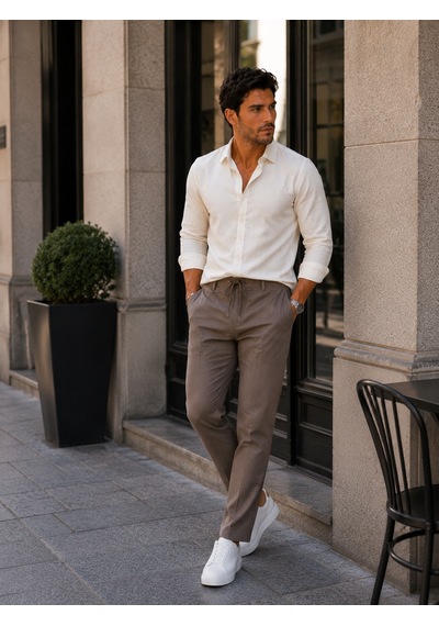 Luxıc Core Erkek Keten Karışımlı Casual Pantolon Rahat Kalıp Şık Tasarım Kahverengi