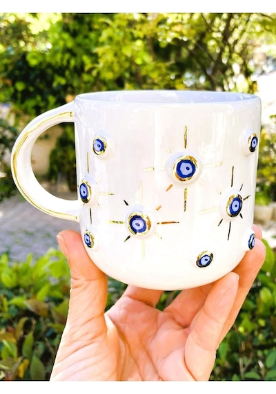 Premium Kalite 24 Ayar Altın Kaplama Nazar Mug, El Yapımı Mug 400 Ml 45nt1 Beyaz - Çok Renkli