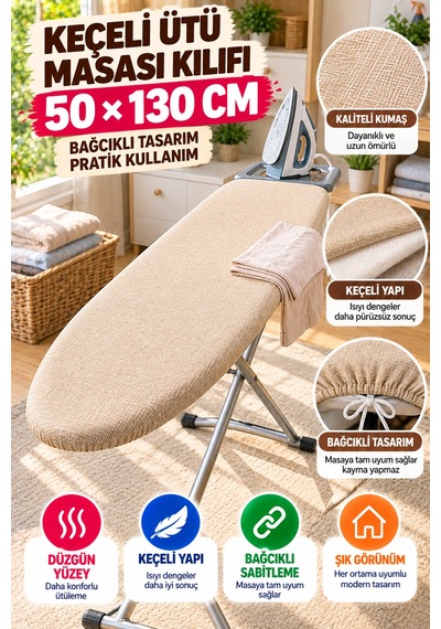 Bej Ütü Masası Kılıfı 50x130 Cm Keçeli Bağcıklı Ütü Bezi Örtüsü Pratik Kullanım Yedek Kılıf Gri Renk