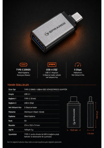 Sprange Type C Usb 3.1 Dönüştürücü Adaptör Usb To Type C Çevirici Telefon Ve Tablet  Gri