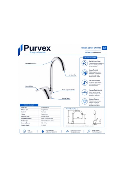 Purvex Home Klasik Mix Kuğu U Boru Evye Bataryası - Pirinç Gövde Krom Kaplama Aç-kapa Mutfak Tezgah Üstü Musluğu