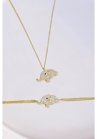 Papatya Silver 925 Ayar Gümüş Gold Kaplama Zirkon Taşlı Fil Kolye ve Bileklik Set