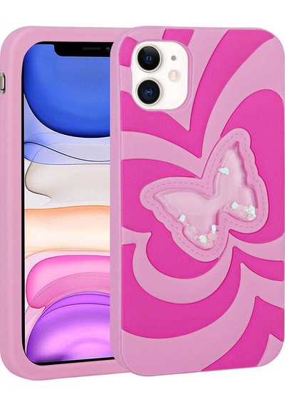 Apple Uyumlu iPhone 11 Kılıf Sıvılı Simli Kelebekli Tasarım Zore Vodena Kapak Pembe Koyu