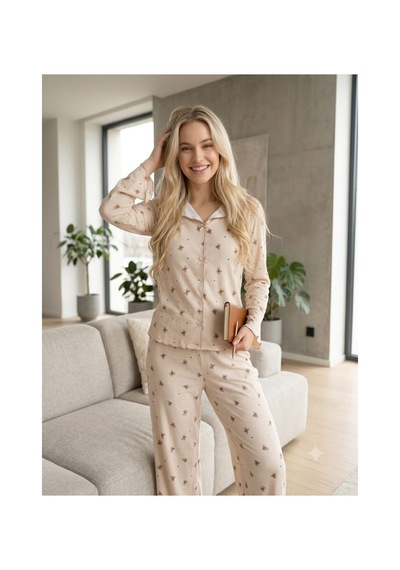 Kadın Uzun Kollu Desenli Fiyonk Detaylı Kaşkorse Kumaş Pijama Takımı Vizon