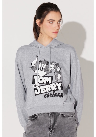 Regular Fit Normal Kesim Kapüşonlu Gri Melanj Tom Ve Jerry Baskılı Sweatshirt L231211035 Gri