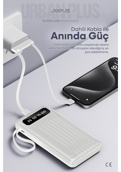 10000mah Powerbank Dahili Kablolu, Lcd Ekranlı, Led Lambalı, Taşınabilir Şarj Cihazı Beyaz