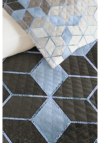 Geometrik Mavi Genç Odası Tek Kişilik Dekoratif Pike Takımı - Gri 160x220 Cm Kapitone Yatak Örtüsü Kırçıllı Yaprak Akışı