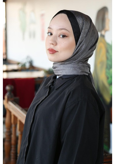 Premium Lux Original Monogram Şal İpek Vual, Yüksek Kalite, Hafif, Rahat, Şık, Tesettür, Shawl Füme - Siyah