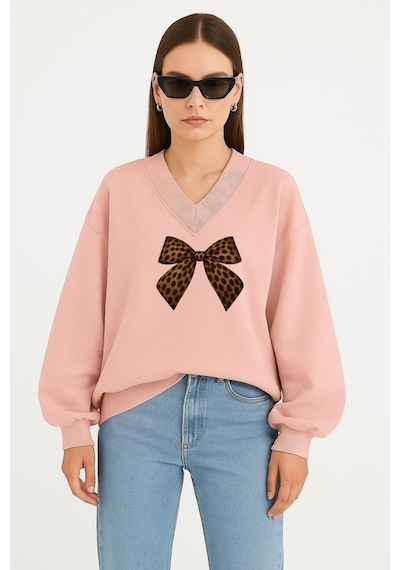 Benroma Kurdela Baskılı Ünisex V Yaka Sweatshirt Pembe