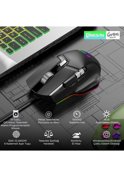 Mkespn X13 Gaming Mouse Kablolu 12400 Dpi 10 Tuş Makro Rgb Oyuncu Mouse Siyah