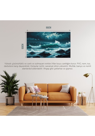 Doğa Ve Manzara Yatay Kayalara Çarpan Güçlü Okyanus Dalgaları, Dramatik Gökyüzü 04 Çerçevesiz 90x60cm Pvc Tablo