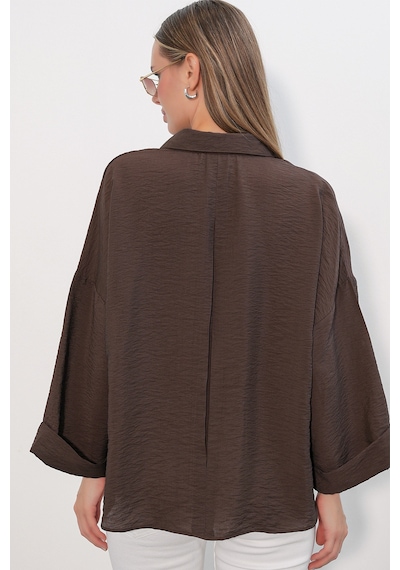 Bigdart Kadın Geniş Kol Oversize Gömlek 20401 - Kahverengi