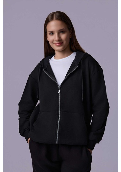 Defys Defy S Kadın Oversize Kapüşonlu Fermuarlı Cepli Sweatshirt Siyah - 527346818 Siyah