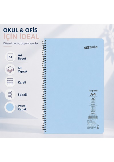 Mynote Flex Pastel A4 60 Yaprak 60 Gr Spiralli Kareli Defter Açık Mavi