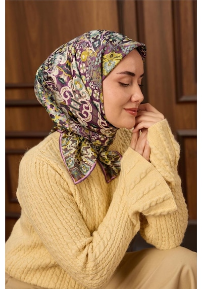 Silk Home Twill İpek Eşarp Mürdüm-butter Yellow Desenli Tok Duruşlu 90x90 Çok Renkli
