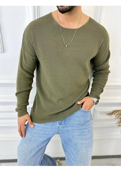 Elku Moda Kazak Oversize Örme Natural Pamuk Tüylenmeyen Kazak Salaş Tarz Triko Sweatshirt Haki - Yeşil