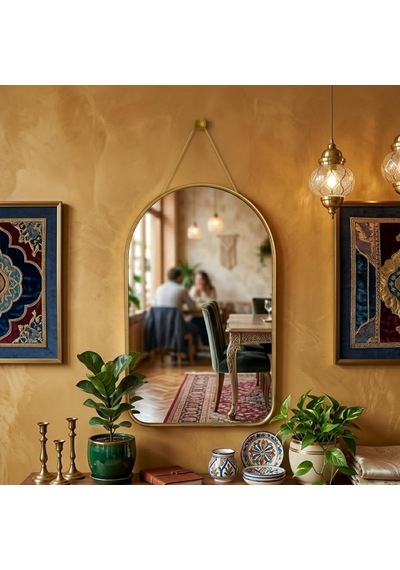 Lexroo Deinhaus Dekoratif Duvar Aynası, 23x40 Cm, İnce Goldmetal Çerçeve, Kemer Tasarım Çok Renkli